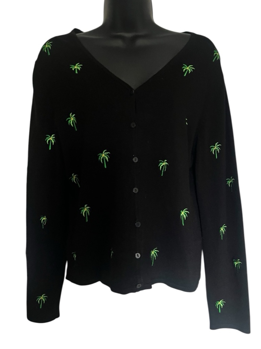 Etolie Black V-Neck Button Cardigan with Green Palm Trees Sz L - Picture 2 of 4